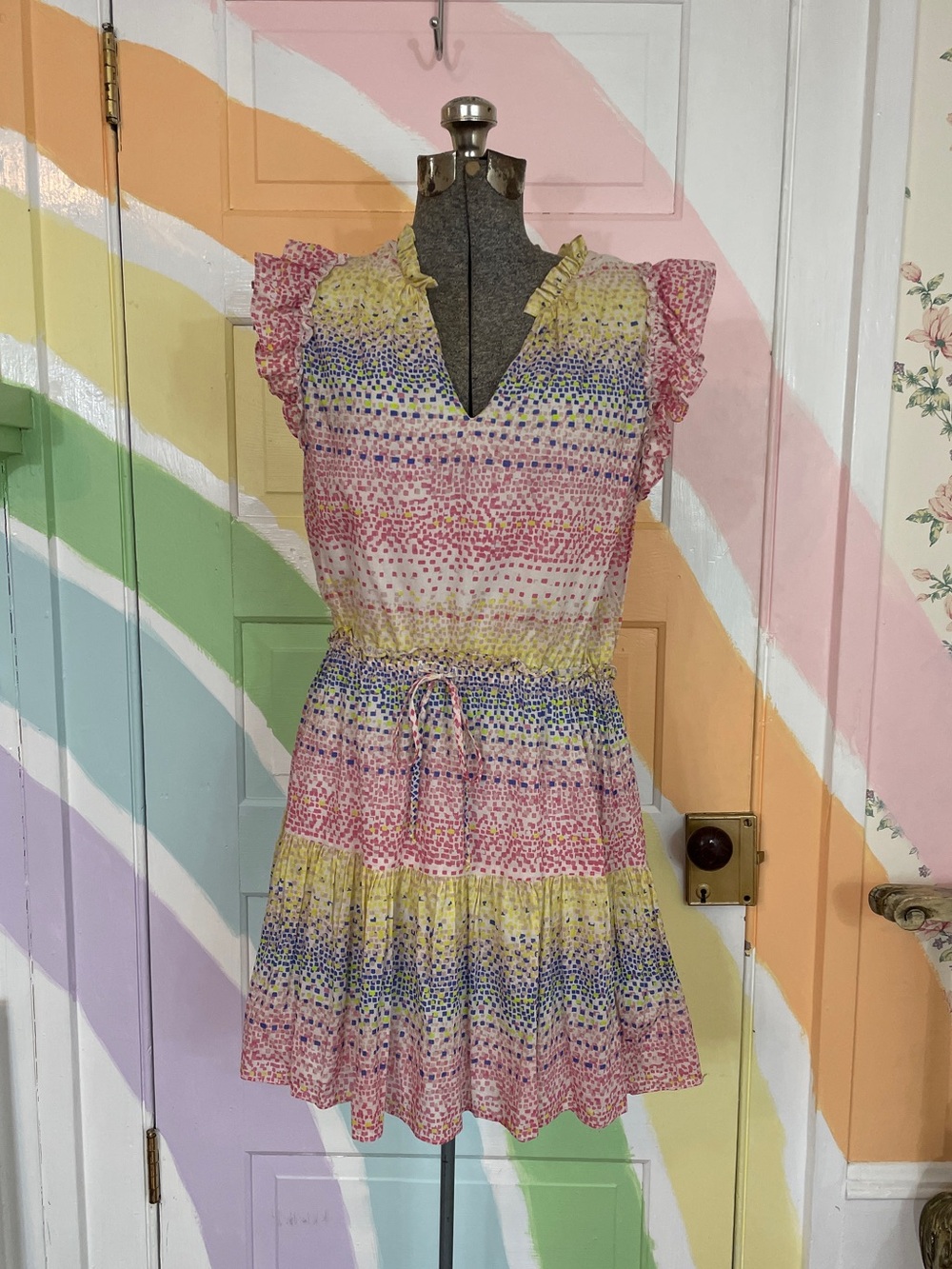 WILLA STORY Pixel Rainbow Print Cotton Mini Tie Waist Dress Sz L 🧡🎀